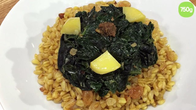 Curry végétarien aux épinards et blé tendre aux raisins blonds