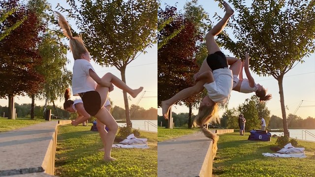 'Gymnast besties pull off insane, in-sync opposite flips '