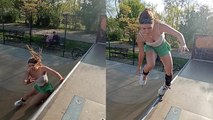 'Talented skater girl botches the soul grind on a mini ramp '