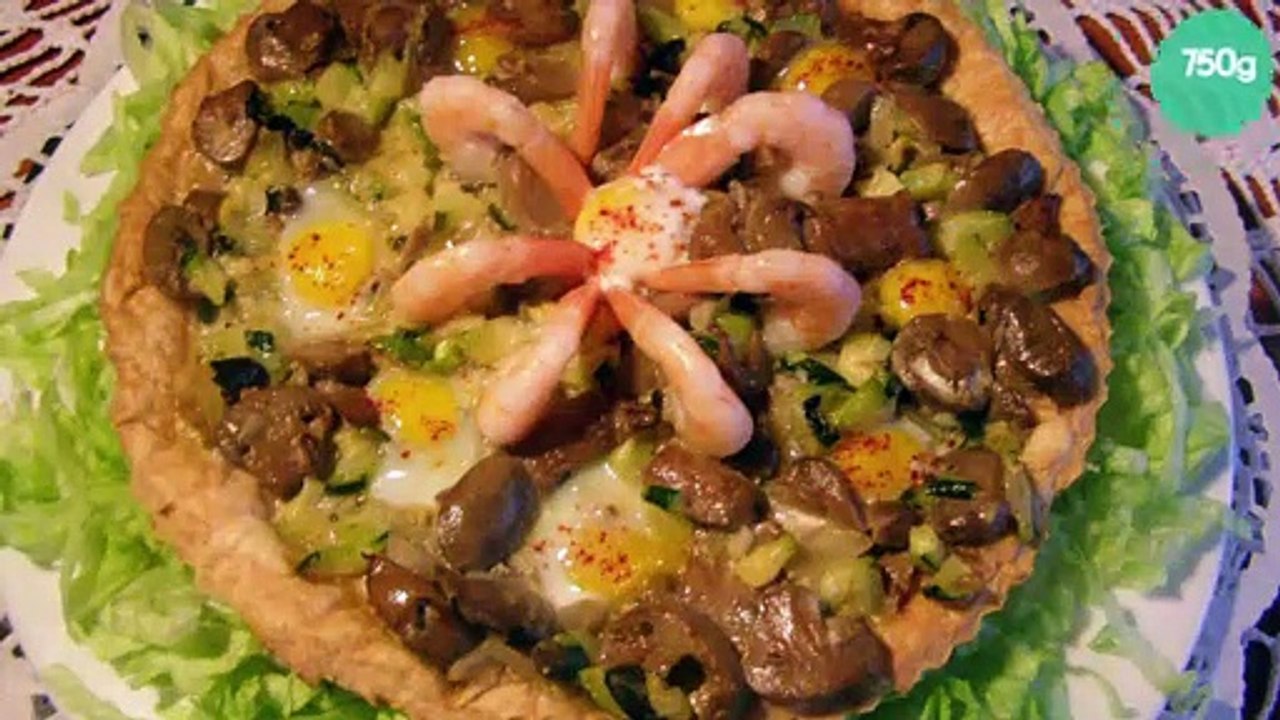 Tarte crevettes, courgettes et champignons