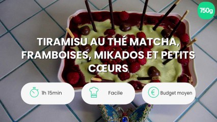 Tiramisu au thé Matcha, framboises, mikados et petits cœurs
