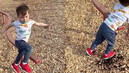 ''OUCH!' 3 y/o boy loses his footing while walking on a balance beam'