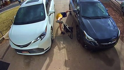 'Guy falls off ladder and then immediately gets back up to retrieve a parcel '