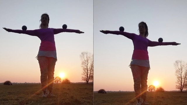 'Woman puts on a mesmerizing contact juggling performance during sunset '