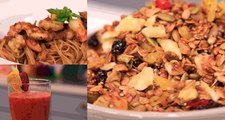 Spaghetti crevettes pesto tomates séchées, Jus detox, Granola - Koujinetna Haka EP 04