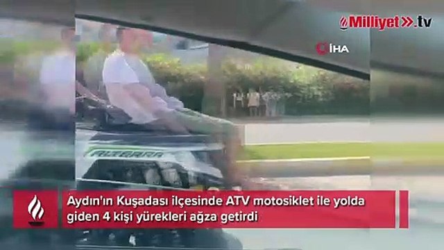 ATV motosiklet ile yolda giden 4 kişi yürekleri ağza getirdi