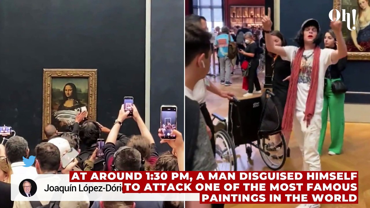 Disguised as an old lady in a wheelchair, a man throws cake at the Mona