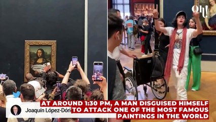 Disguised as an old lady in a wheelchair, a man throws cake at the Mona Lisa
