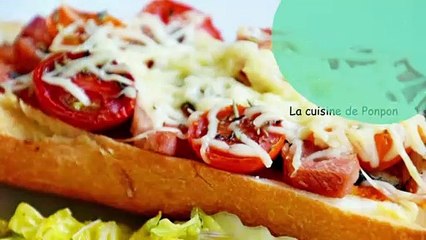 Pizza baguette au jambon, piquillos et tomates cerise