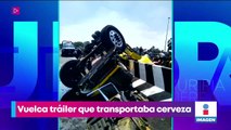 Vuelca tráiler con cerveza en el Edoméx y pobladores hacen rapiña