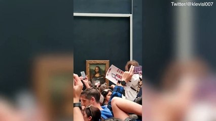 شاهد: رجل متنكّر بزي "امرأة عجوز" يهاجم الموناليزا بالكعك