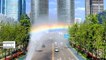 Rainbow road forms after truck sprays mist