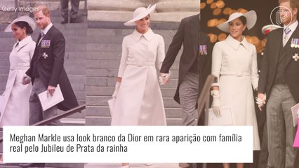 Meghan Markle usa look branco da Dior em rara aparição com família real pelo Jubileu de Prata da rainha