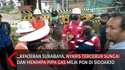 Diduga Rem Blong, Truk Kontainer Timpa Pipa Saluran Gas di Sidoarjo