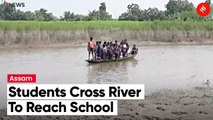 Students Of Primary School In Nalbari District Cross Tributary of Brahmaputra River To Reach School
