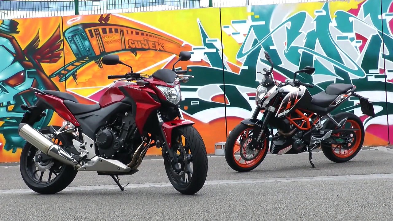 Comparatif roadsters  La Honda CB 500 F affronte la KTM 390 Duke, pas tristes les petites A2 !