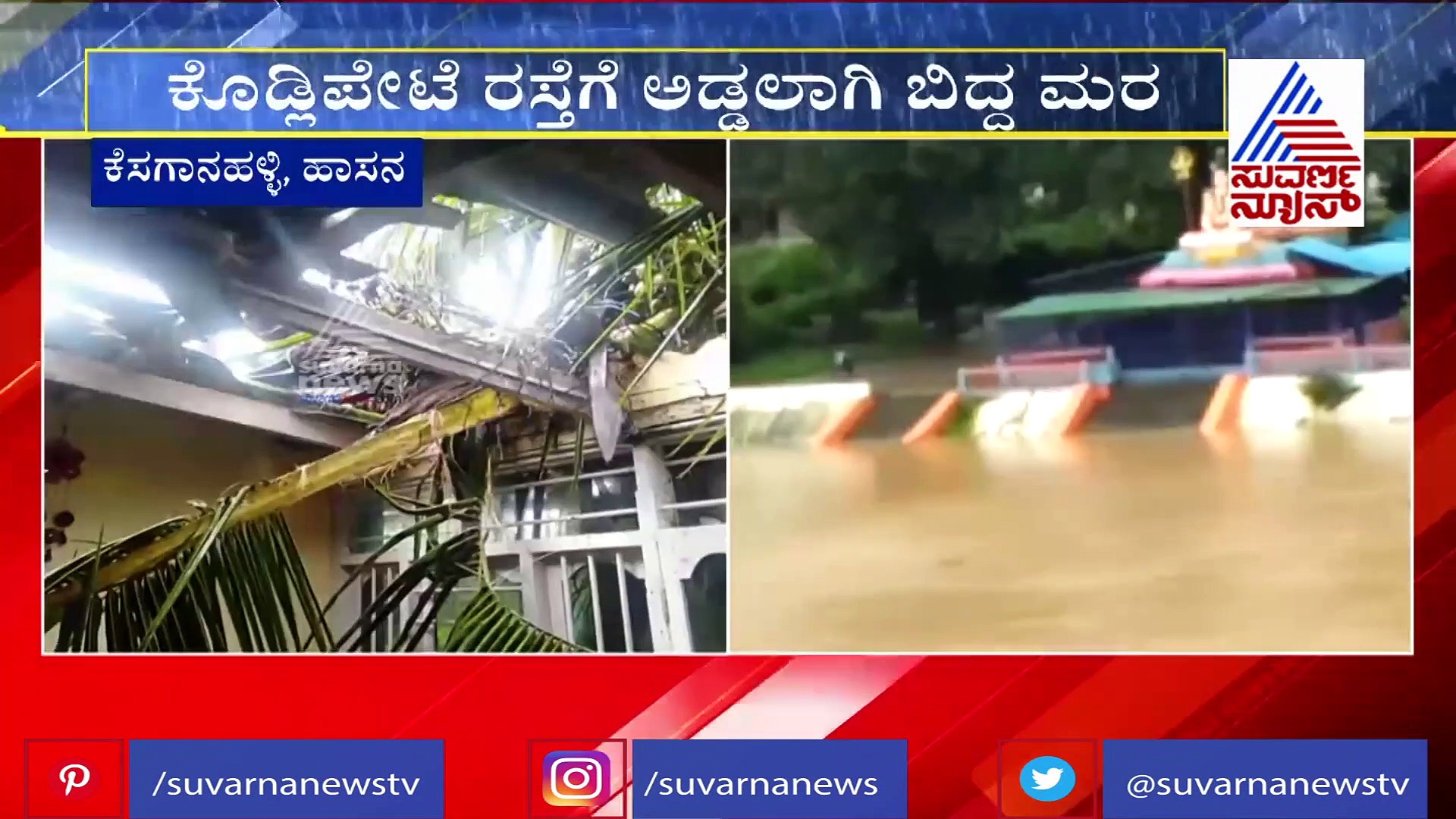 ಹಾಸನದಲ್ಲಿ ವರುಣನ ಆರ್ಭಟ, ಜನಜೀವನ ಅಸ್ತವ್ಯಸ್ತ, ಮನೆ ಮೇಲೆ ಬಿದ್ದಿದೆ ತೆಂಗಿನಮರ