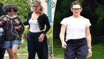 Jennifer Lopez looks sharp in a black and white ensemble as she stops by Jennifer Garner's home with her daughter Emme