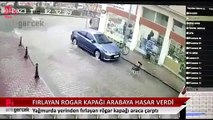 Yağmurda yerinden fırlayan rögar kapağı otomobile zarar verdi