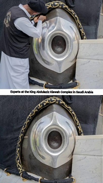 Embroidery and stitching work on Ghilaf e Kaba Corners at Hajr e Aswad and Rukn e Yamani in Tawaf Area