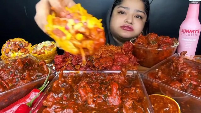 Mukbang spicy chicken shezwan noodles, spicy chicken Manchurian, Chili sauce, Katori Chaat, cold drink