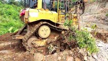 Bulldozer D6R XL Pushes and Expands Roads in Oil Palm Fields