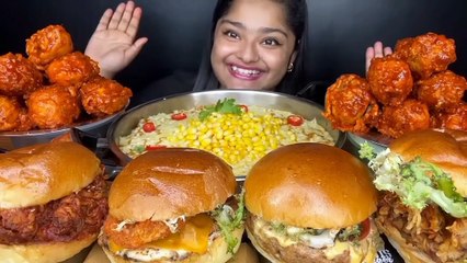 Mukbang Spicy Korean Chicken, Samyang noodles, Big Burger, Indian grits