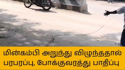 கனரக வாகனம் முன்பு அறுந்து விழுந்த மின்சார கம்பி!