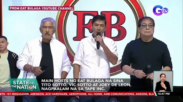 Main hosts ng Eat Bulaga na sina Tito Sotto, Vic Sotto, at Joey De Leon, nagpaalam na sa Tape Inc. | SONA