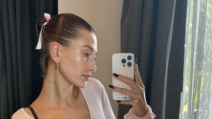Hailey Bieber Nailed the Nautical Theme in an Off-the-Shoulder Striped Sweater and Denim Miniskirt