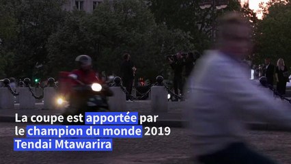 Le trophée Webb Ellis au sommet de l’Arc de Triomphe, à J-100 de la Coupe du monde de rugby