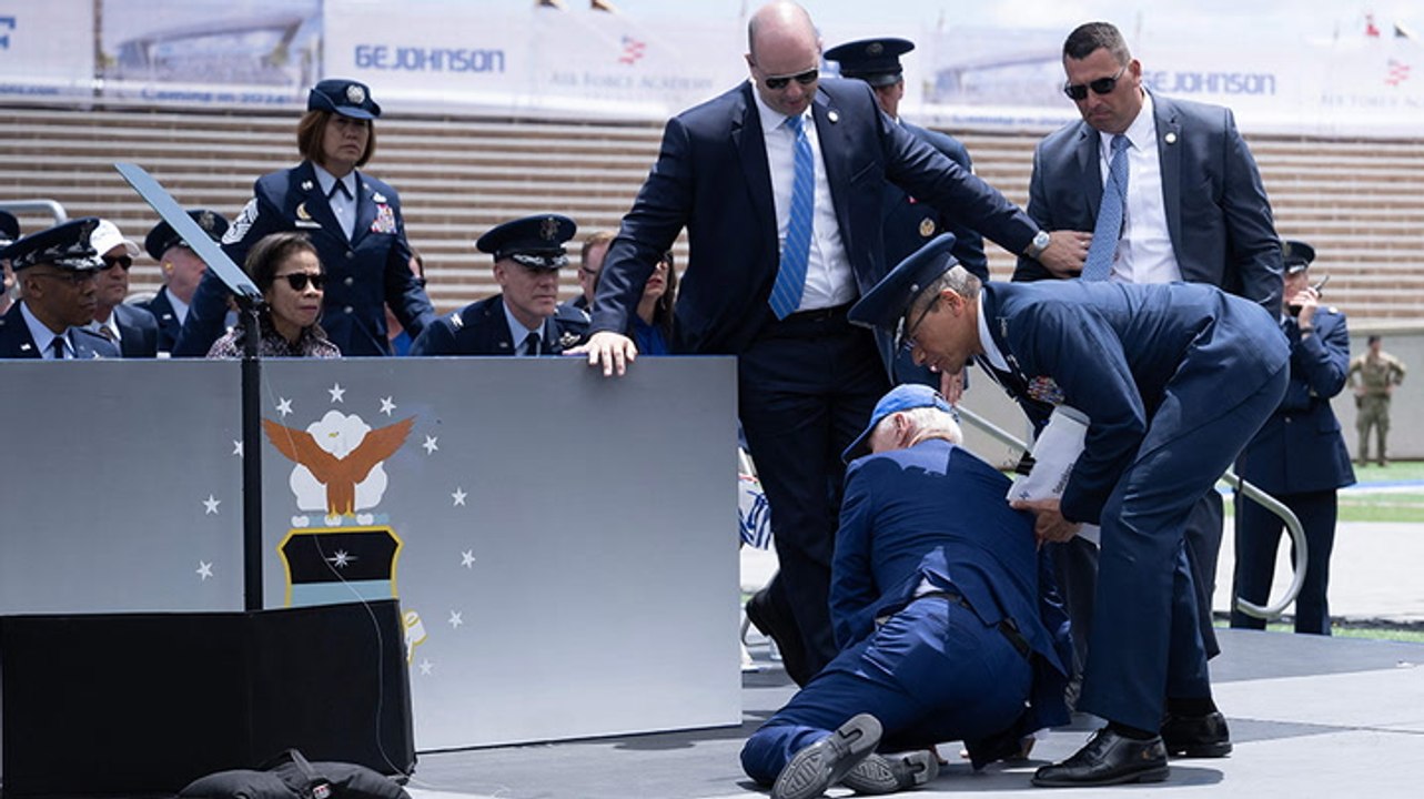 Watch Biden trip and fall on stage at Air Force graduation ceremony