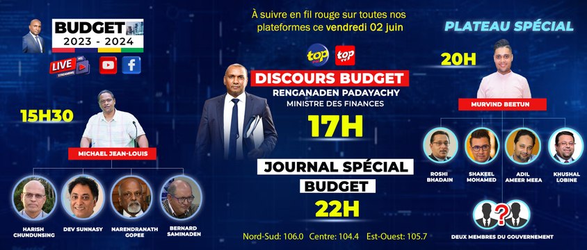 Budget day Budget day sur Top Fm Un plateau spécial animé par Murvind Beetun pour décortiquMurvind Beetun pour décortiquer le budget avec comme invités Roshi Bhadain, Shakeel Mohamed , Khushal Lobine et Adil Ameer Meeah_0