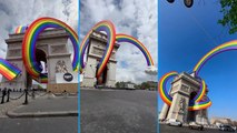 Paris'in simgelerinden Zafer Takı'na Onur Ayı için yapılan 3D gökkuşağı süslemesi gerçek sanıldı; sosyal medya ayağa kalktı