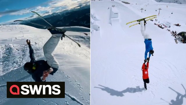 Triple gold medallist skier performs incredible stunts including juggling a football and skiing WITHOUT SKIS