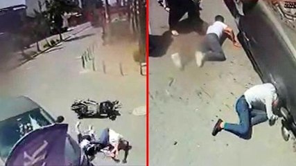 Ölümle burun buruna geldiler! Kaza yapan motosikletteki baba ve oğlu kıl payı kurtuldu