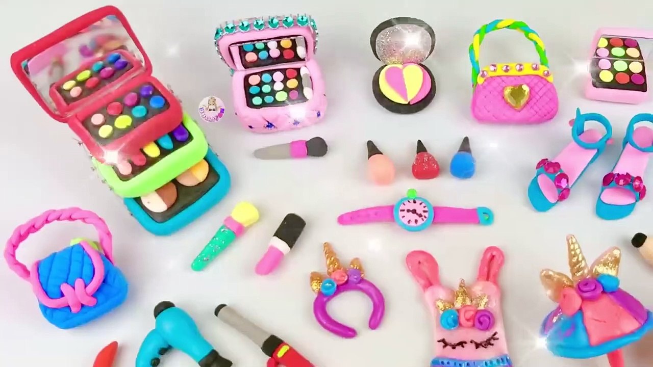 DIY How to Make Polymer Clay Miniature Makeup Set with Unicorn Dress, Eyeshadow, Lipstick