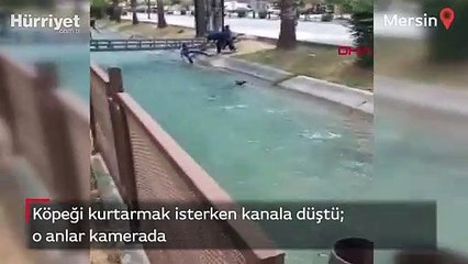 Köpeği kurtarmak isterken kanala düştü; o anlar kamerada