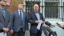 Mick Lynch, RMT leader makes a statement outside union headquarters