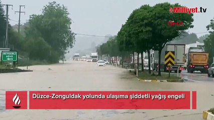 Düzce-Zonguldak yolunda ulaşıma şiddetli yağış engeli