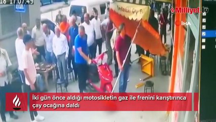 İki gün önce aldığı motosikletin gaz ile frenini karıştırınca çay ocağına daldı