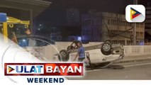 Kotse, tumaob sa gitna ng Quezon Bridge sa Maynila