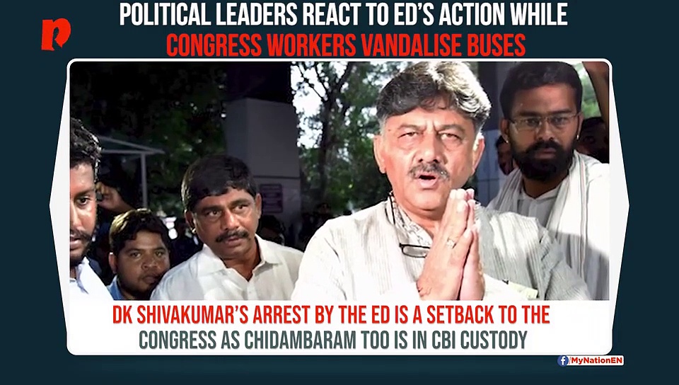 DK Shivakumar arrest: Political leaders react to ED’s action while Congress workers vandalise buses