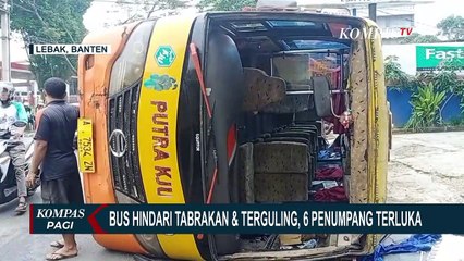 Berusaha Hindari Tabrakan, Bus Jurusan Rangkasbitung - Cikarang Terguling Tutupi Badan Jalan