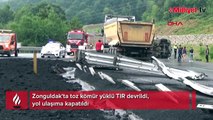 Zonguldak'ta toz kömür yüklü TIR devrildi, yol ulaşıma kapatıldı