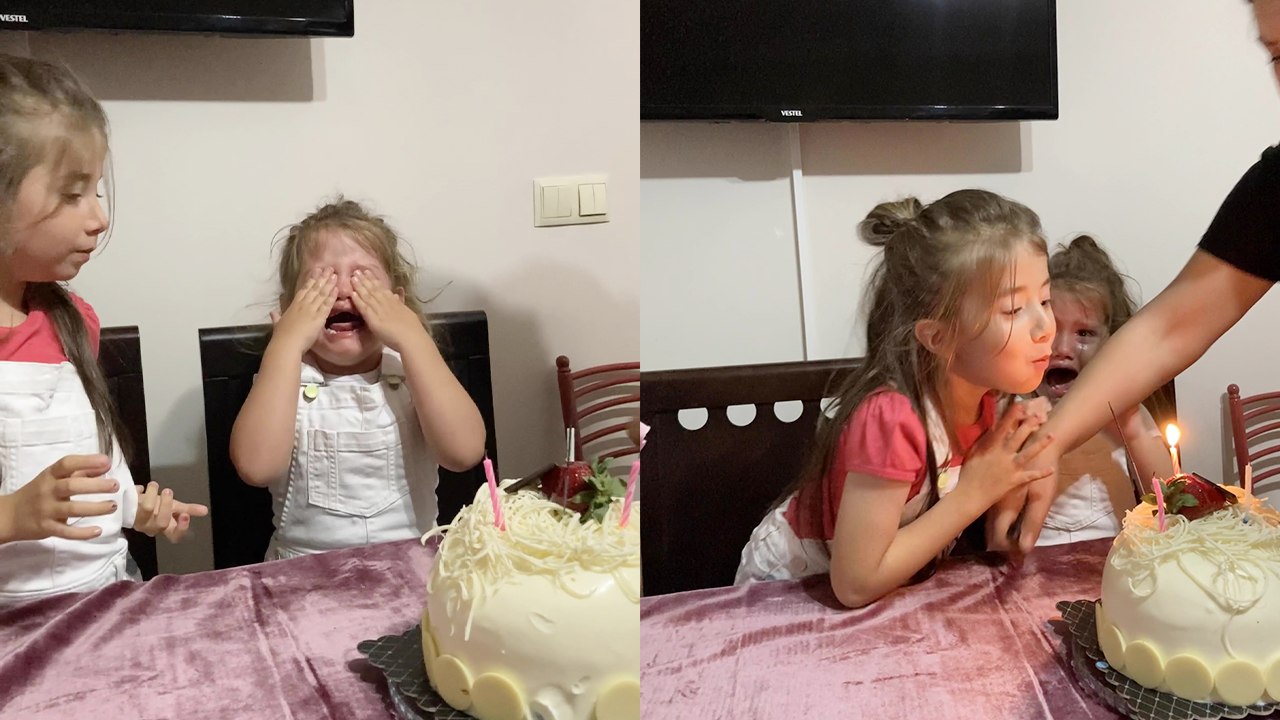 'Mischievous girl makes younger sister cry by blowing out her birthday candle'