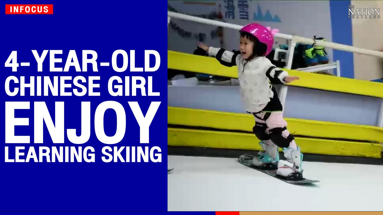 4-year-old Chinese girl enjoy learning skiing