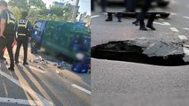 경기 성남시 단대오거리역 인근 도로 땅 꺼짐...트럭 실린 술병 쏟아져 / YTN