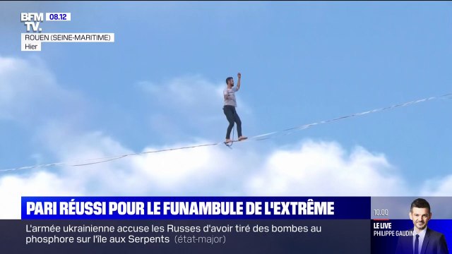 Pari réussi pour le funambule de l'extrême Nathan Paulin, qui a traversé la Seine à Rouen