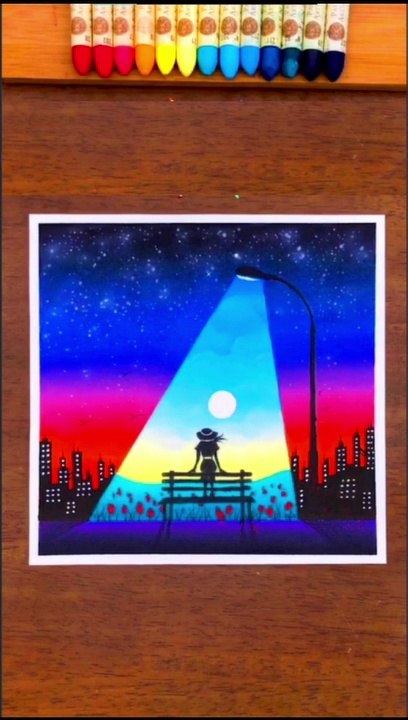 Oil Pastel Drawing - Easy Moonlight night scenery drawing with oil pastel, तेल पेस्टल ड्राइंग - तेल पेस्टल के साथ आसान चांदनी रात के दृश्य ड्राइंग